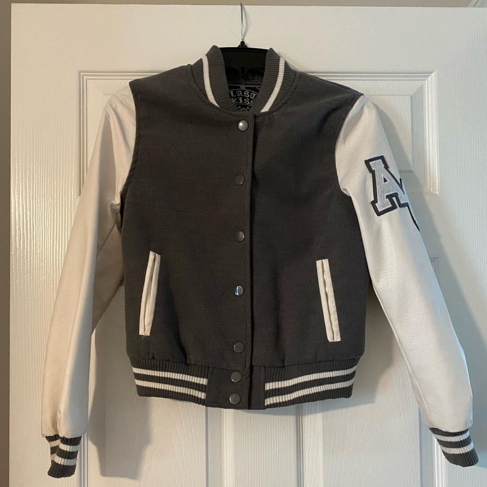 (M) Girl Juniors Charcoal Gray and White Letterman Jacket